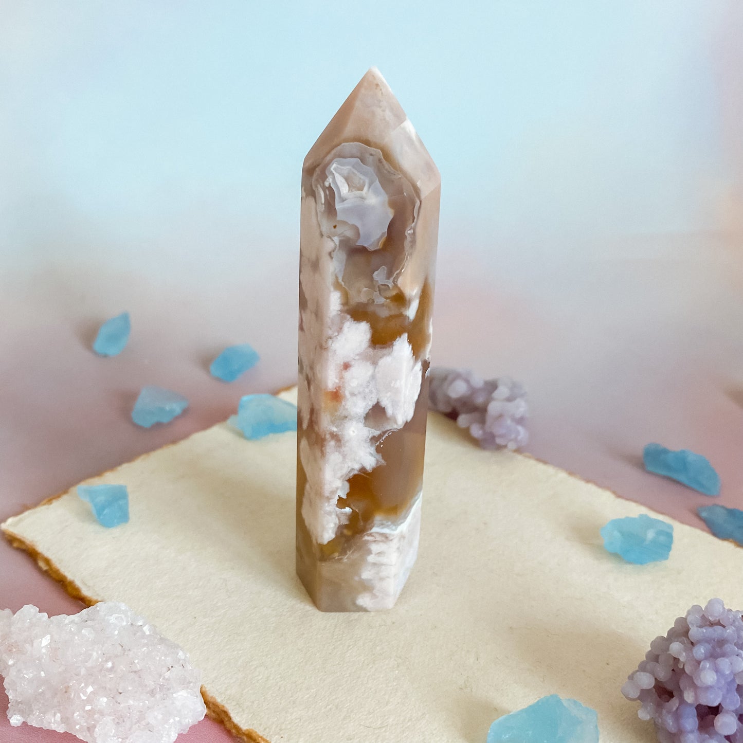Tan & Amber color Flower Agate tower