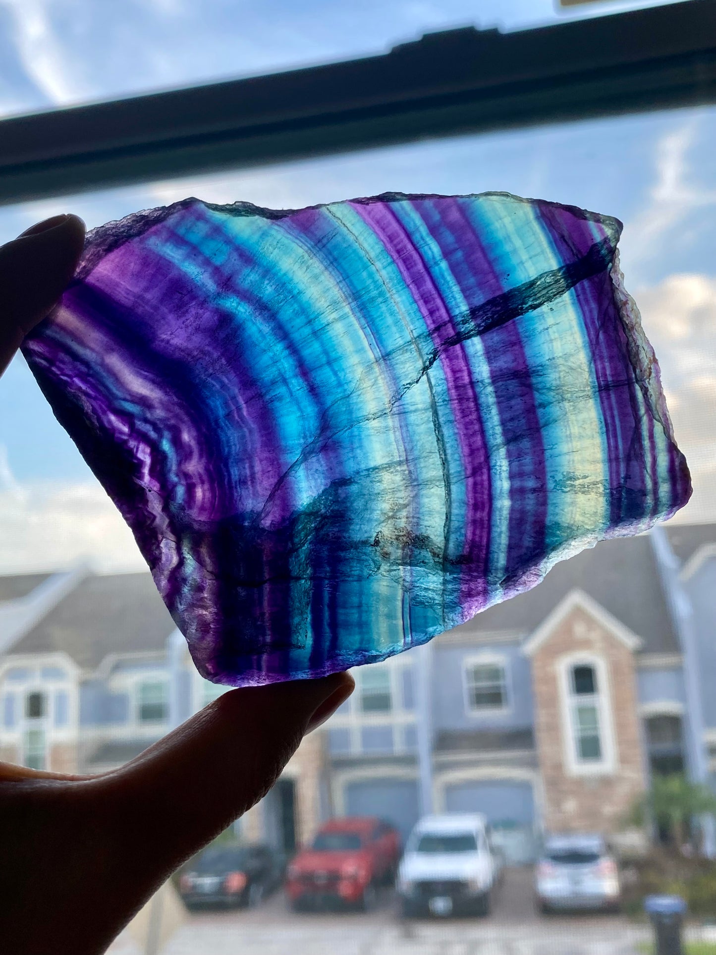 Raw Dark Rainbow fluorite slab (imperfections)