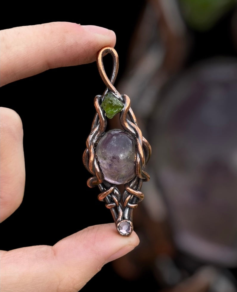 "Spiritual Harmony" Amethyst and Peridot Copper electro-formed Pendant
