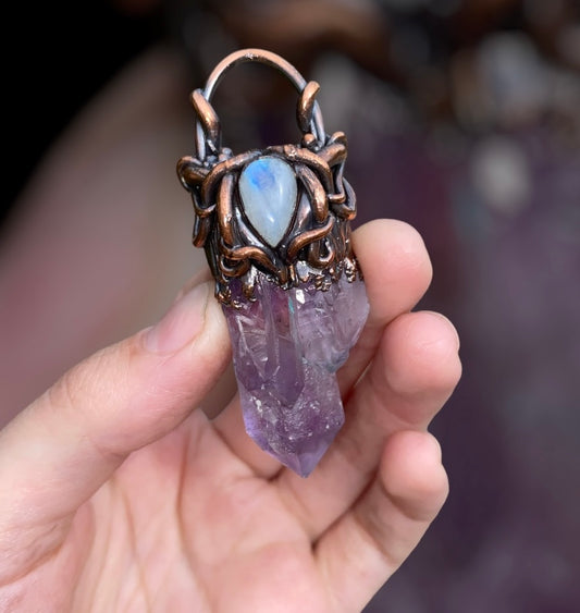 "High Priestess" Amethyst and Moonstone Copper electro-formed Pendant