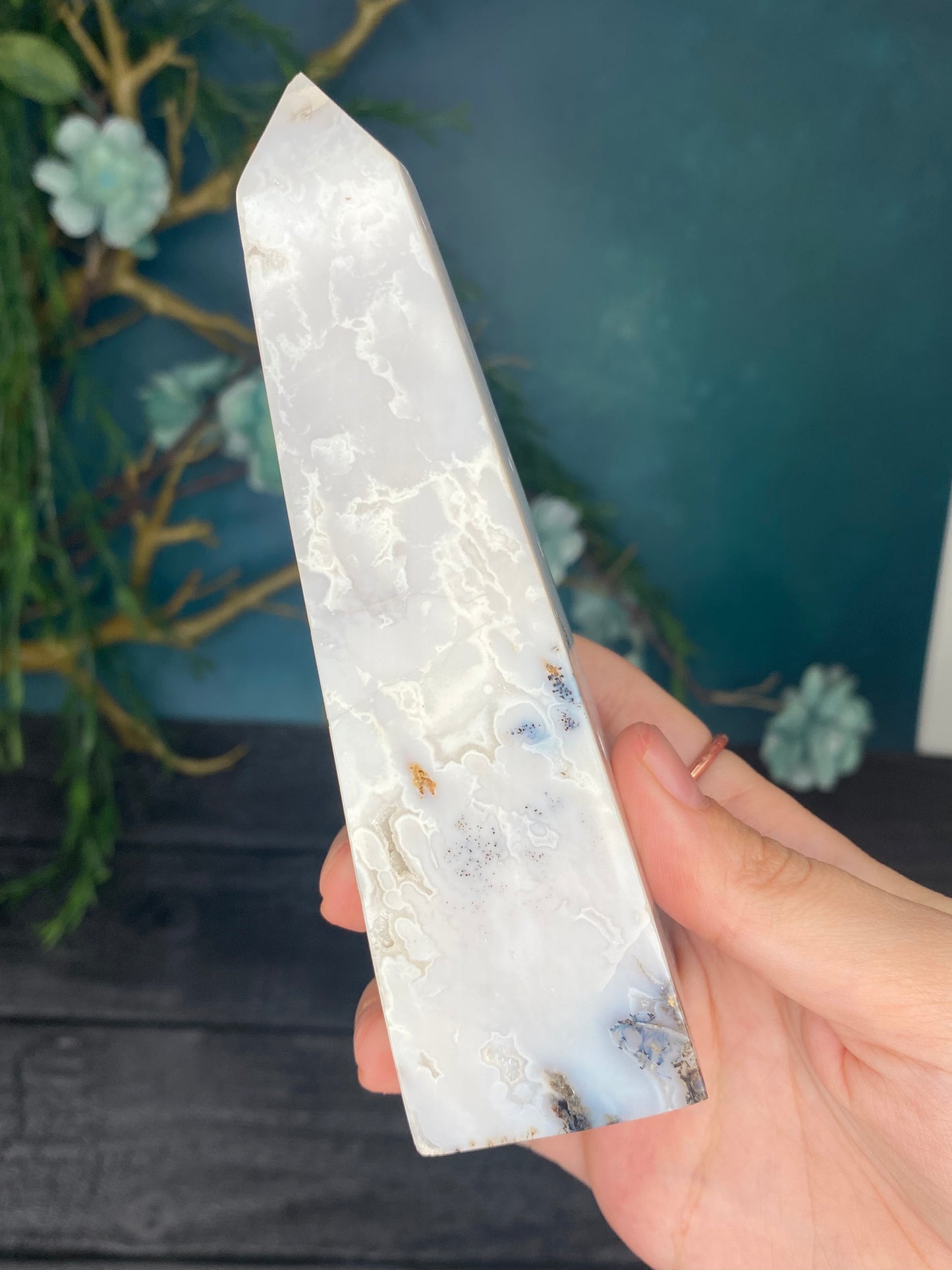 White Snow Agate Obelisk with dendrite inclusions