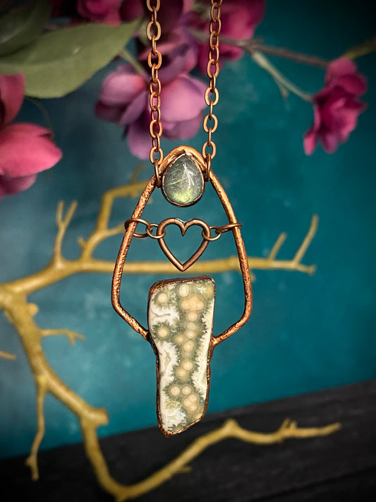 Handmade 8th vein Ocean Jasper and labradorite Copper Electroformed pendant