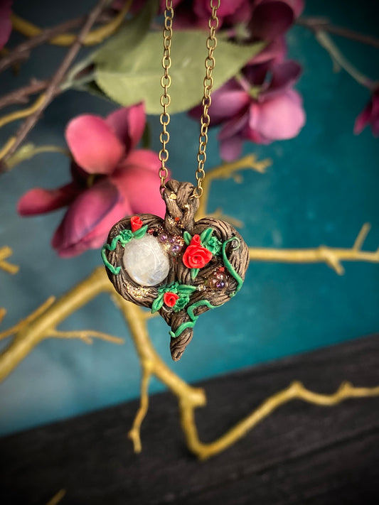Hand Sculpted Rainbow Moonstone Rose forest Pendant