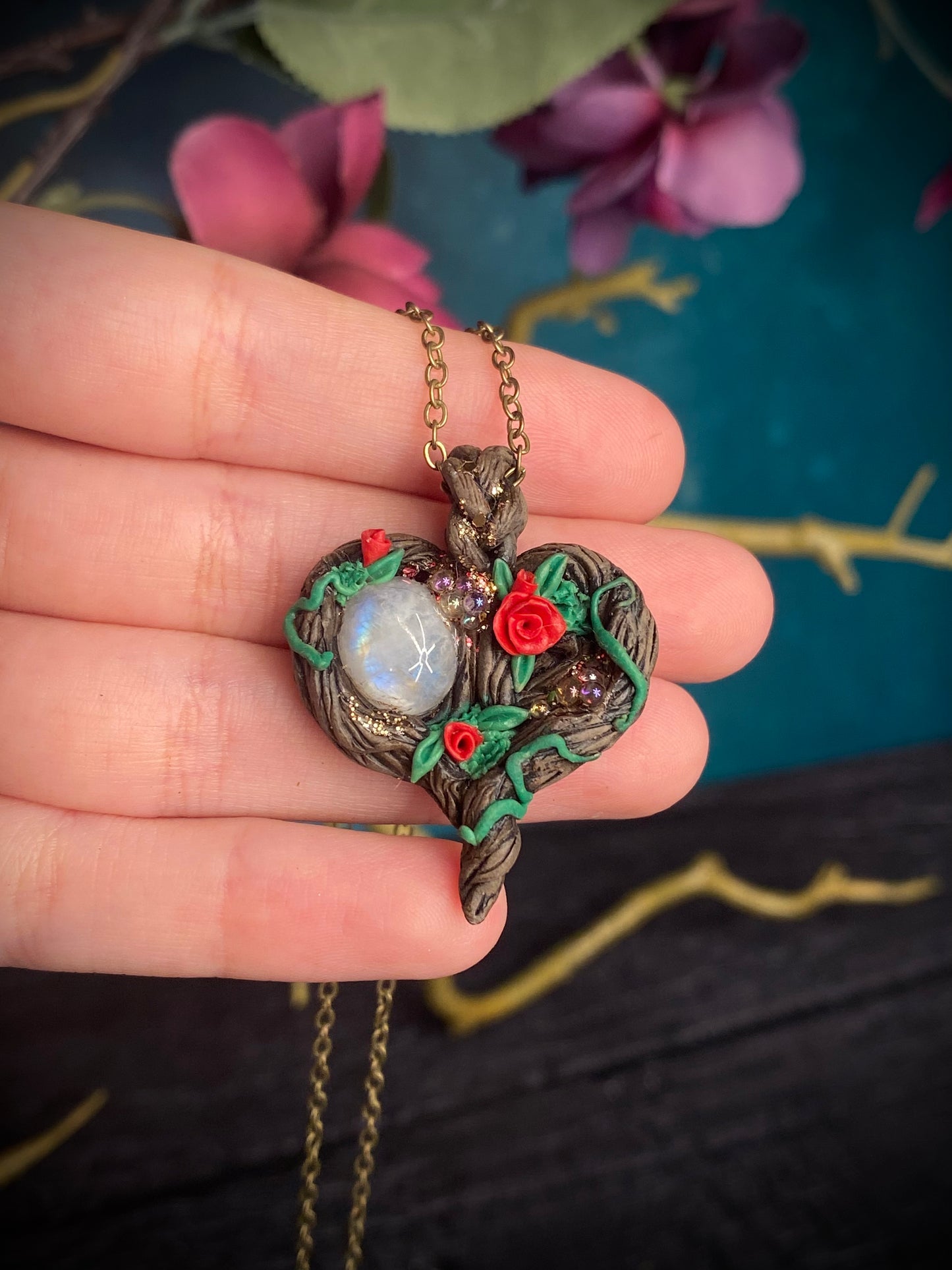 Hand Sculpted Rainbow Moonstone Rose forest Pendant