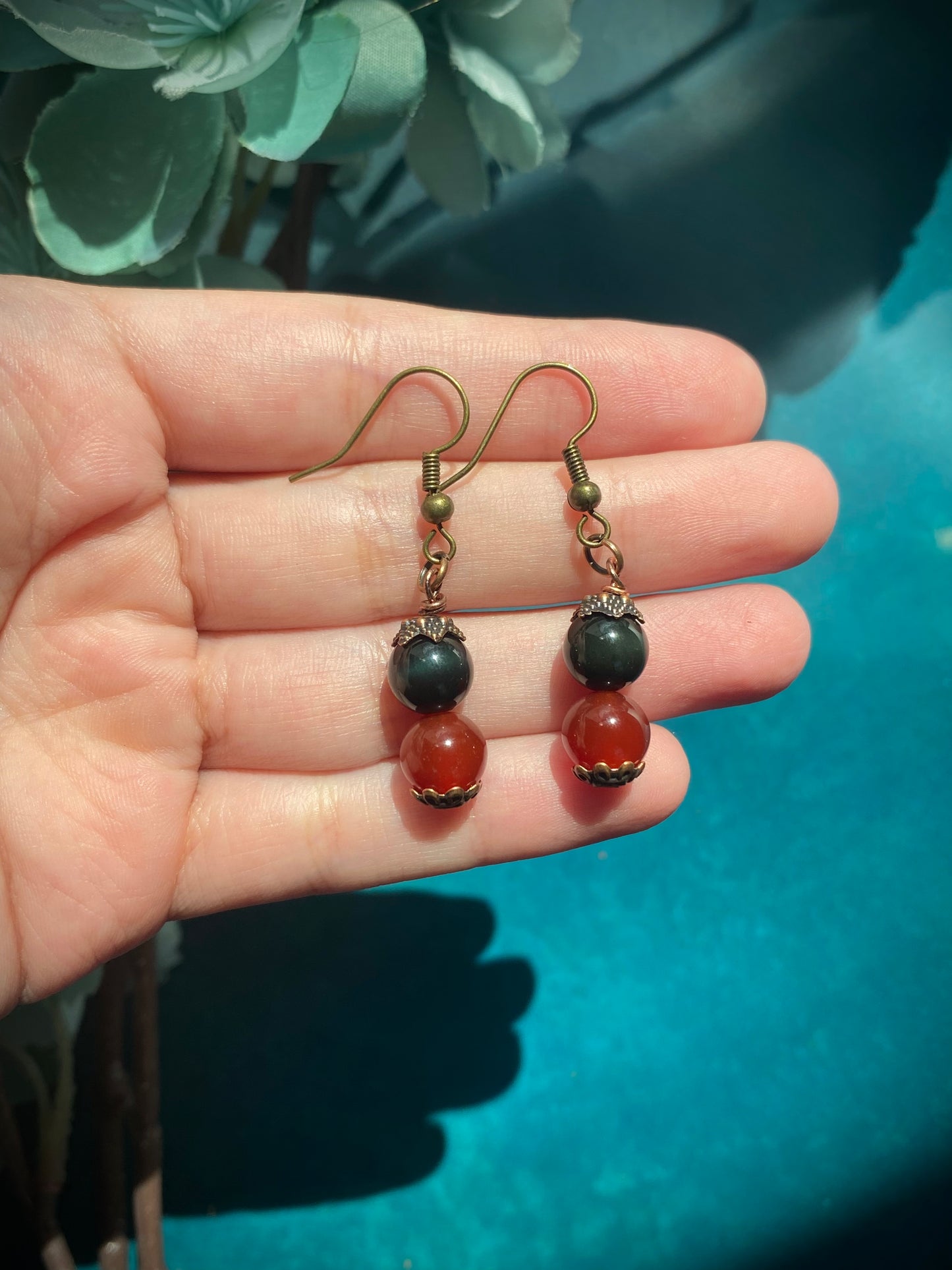 Carnelian & Rainbow Obsidian antique copper earrings